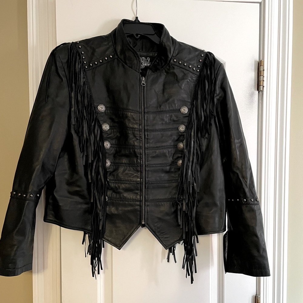 Black Leather Fringed Jacket xxl fit - xxxl tagged Leather Gallery/Liberty Wear